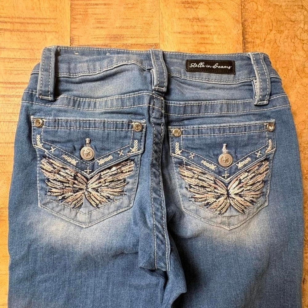 Y2K blue bootcut jeans with rhinestone wings  0196